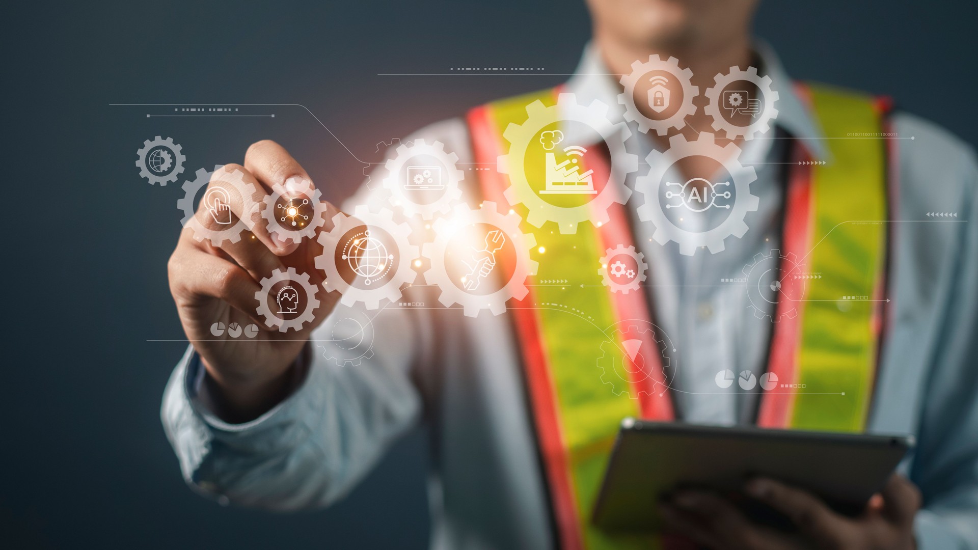 Engineer manager using tablet with icon network connection,Technology and industry 4.0 smart factory concept